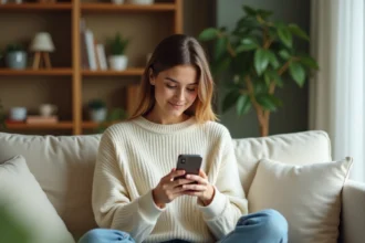 Jeune femme utilisant une application de rencontres sur son smartphone dans un appartement cosy et moderne
