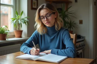 Femme concentrée en train d'étudier le français à la maison