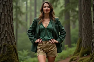 Femme athletique en forêt portant veste verte et short beige