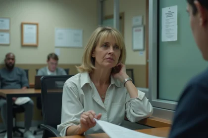 Femme d'âge moyen attendant dans une salle d'accueil correctionnelle