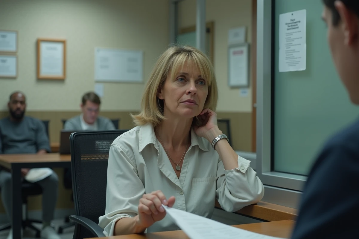 Femme d'âge moyen attendant dans une salle d'accueil correctionnelle