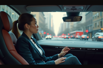 Femme d'affaires dans une voiture autonome moderne
