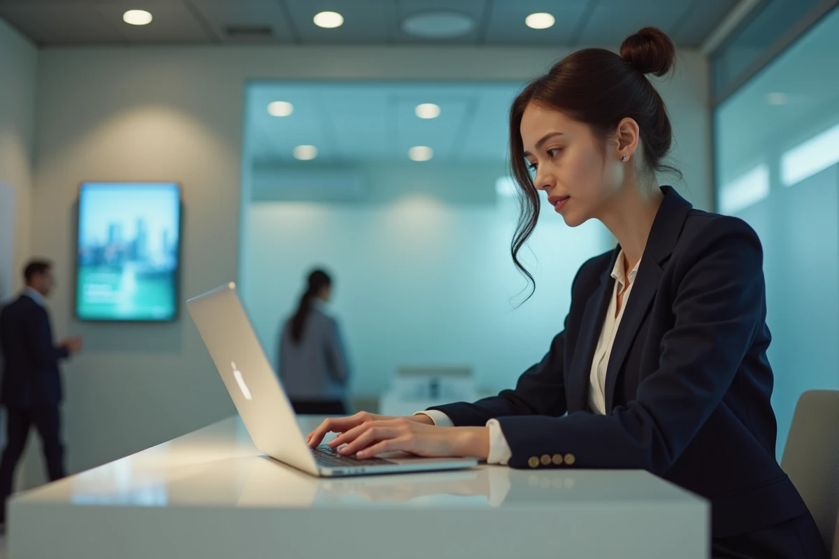 Jeune femme professionnelle travaillant sur un ordinateur dans une agence bancaire