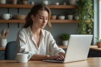 Jeune femme lisant un blog sur son ordinateur dans une cuisine