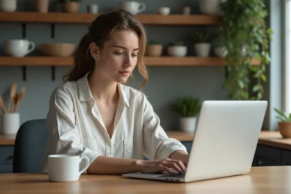 Jeune femme lisant un blog sur son ordinateur dans une cuisine
