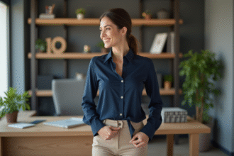 Femme souriante en blouse résistante dans un bureau moderne