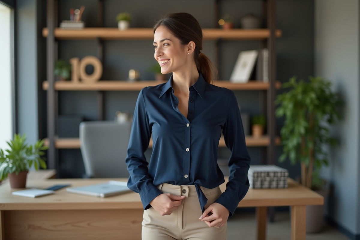 Femme souriante en blouse résistante dans un bureau moderne