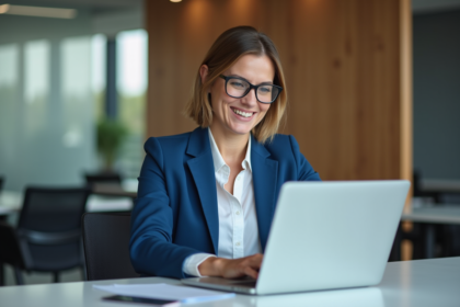 Femme d'affaires utilisant un logiciel de paie au bureau