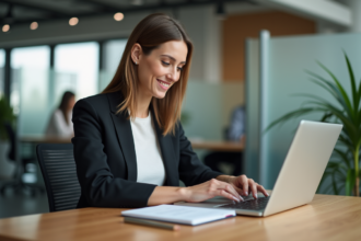 Femme en tenue professionnelle travaillant sur un ordinateur dans un bureau moderne