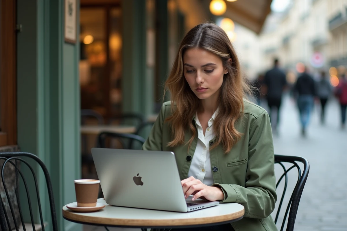 Jeune femme explorant un site web dans un café parisien, lecture numérique et recherche de sens en ligne