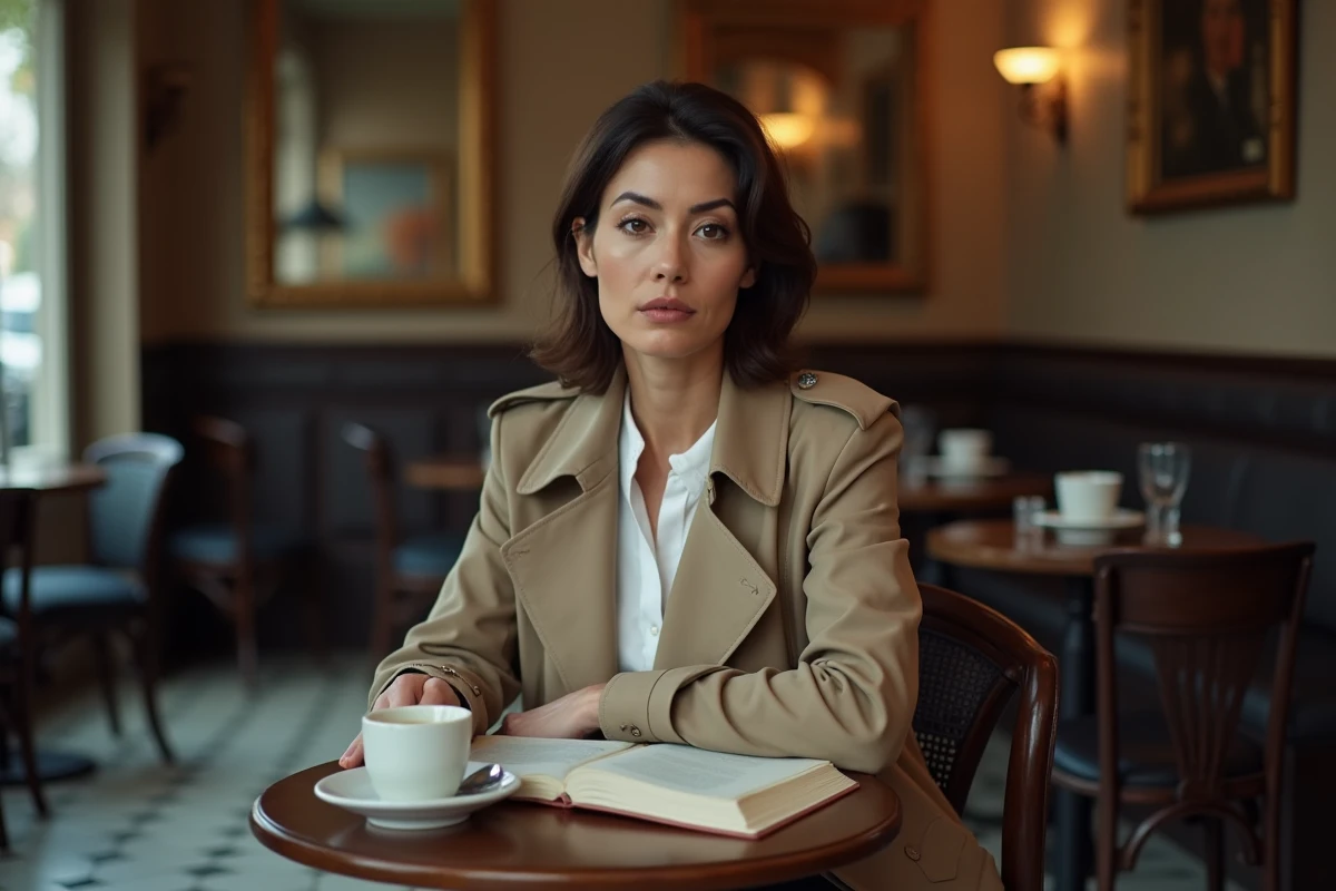 Femme pensive attablée dans un café parisien, symbolisant la discrétion et le mystère autour de la compagne de Thomas Dutronc