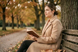 Femme pensive assise sur un banc en bois en automne, tenant un carnet ouvert dans un parc aux feuilles dorées, illustrant le hasard des rencontres