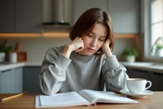 Femme assise à la cuisine pensant à un puzzle