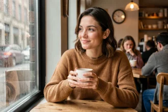 Femme célibataire songeuse dans un café regardant par la fenêtre avec un sourire d'espoir, illustrant la signification de 07h07 pour attirer une belle relation
