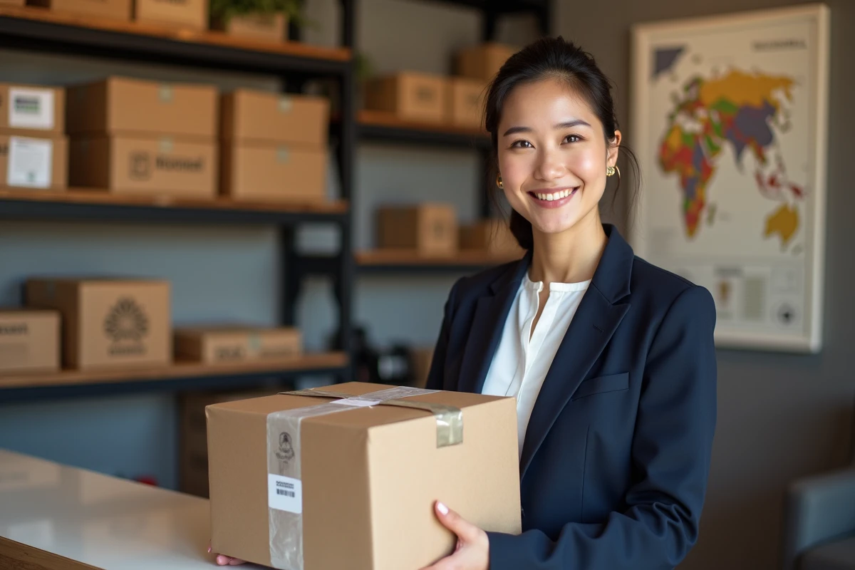 Femme souriante déposant un colis chez Mondial Relay