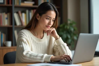 Femme concentrée tapant un email sur un ordinateur portable, illustrant la conjugaison du verbe envoyer en français