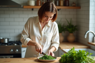 Femme coupant des herbes fraîches dans une cuisine lumineuse