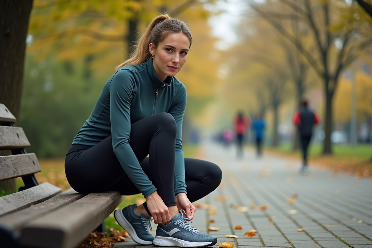 Jeune femme en tenue de sport attachant ses chaussures dans un parc