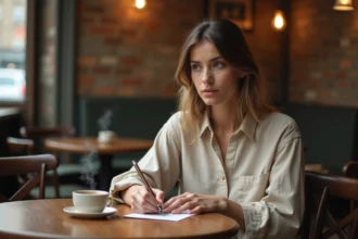 Femme écrivant un message à la main dans un café, illustrant les règles d'orthographe en français
