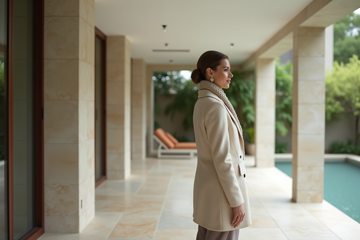 Femme élégante en manteau crème sur balcon en marbre