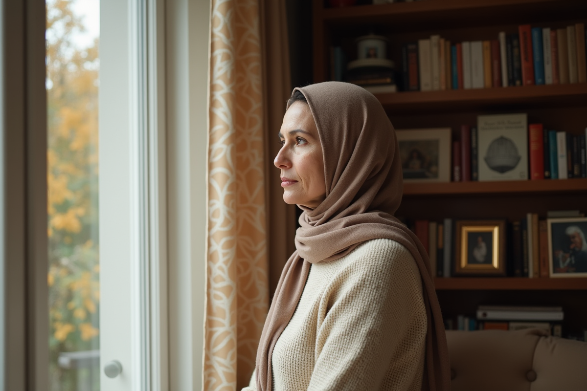 Femme portant un hijab dans un salon chaleureux