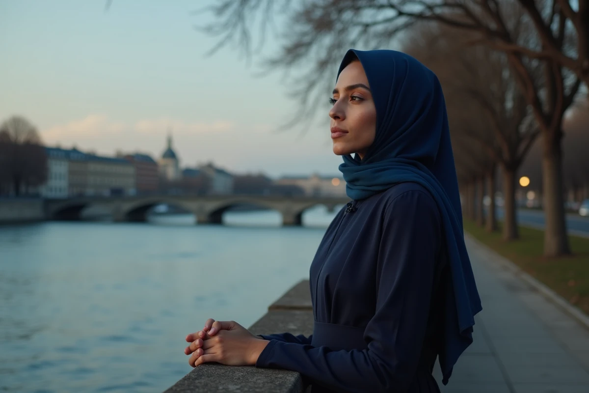 Jeune femme musulmane en hijab regardant la Seine au crépuscule
