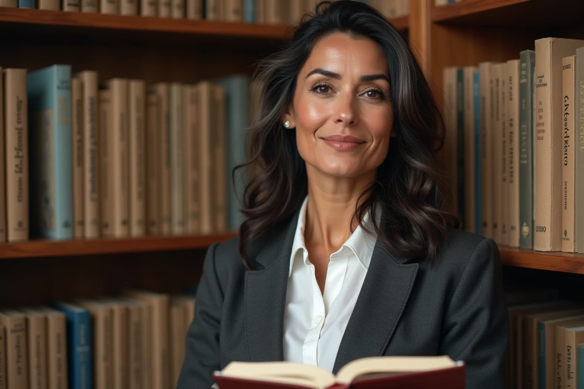 Femme d'origine kabyle et arabe dans une bibliothèque tenant un livre, illustrant la richesse des identités plurielles et la question des origines en France