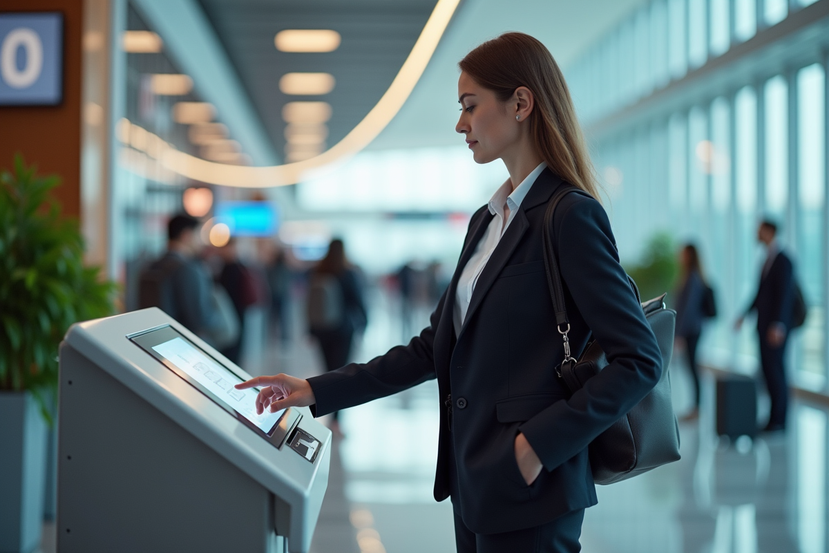 Jeune femme en costume dans un aéroport futuriste