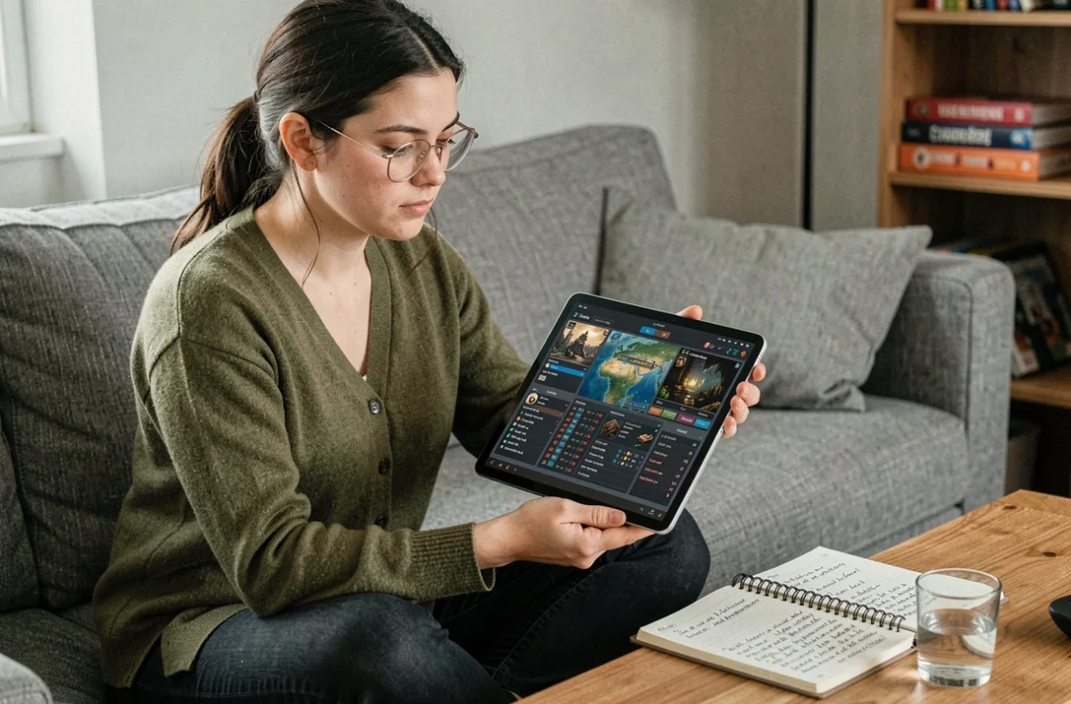 Jeune femme adulte assise sur un canapé consultant un guide de progression sur tablette pour optimiser son personnage mineur dans Dofus 3 en 2026