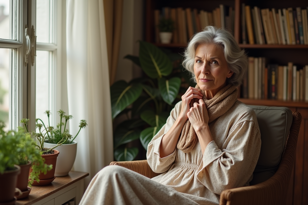 Femme mature assise près d une fenêtre avec robe fluide