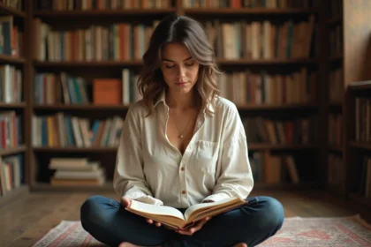 Femme lisant un livre annoté dans une librairie indépendante, exploration intellectuelle et quête de sens