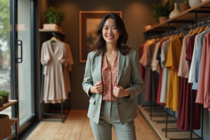 Femme souriante en boutique mode ajustant blazer