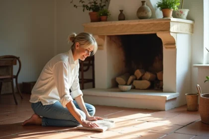 Femme en blouse en lin nettoyant une cheminée en Provence