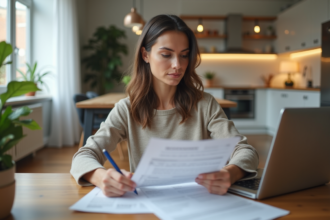 Femme d affaires examinant des documents de prêt immobilier