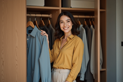 Jeune femme organisant sa garde-robe avec sourire naturel