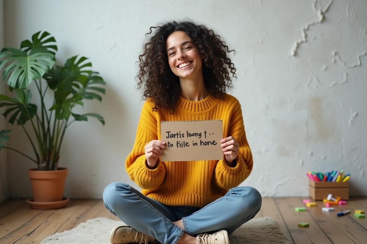 Une jeune femme souriante tient un panneau avec un jeu de mots écrit à la main, exprimant avec humour la frontière entre le bon mot et la blague nulle
