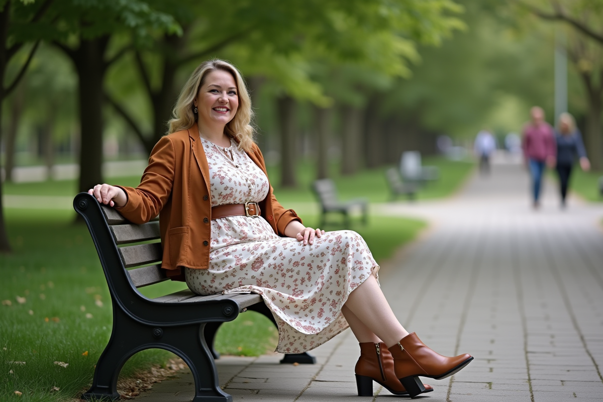 Femme assise dans un parc portant robe florale