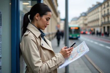 Femme consultant le plan de la ligne 92 de bus à un arrêt urbain tout en vérifiant les tarifs sur son smartphone