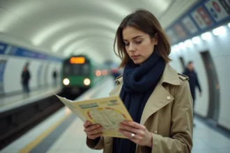 Jeune femme consultant un plan du métro ligne 4 en papier dans une station parisienne