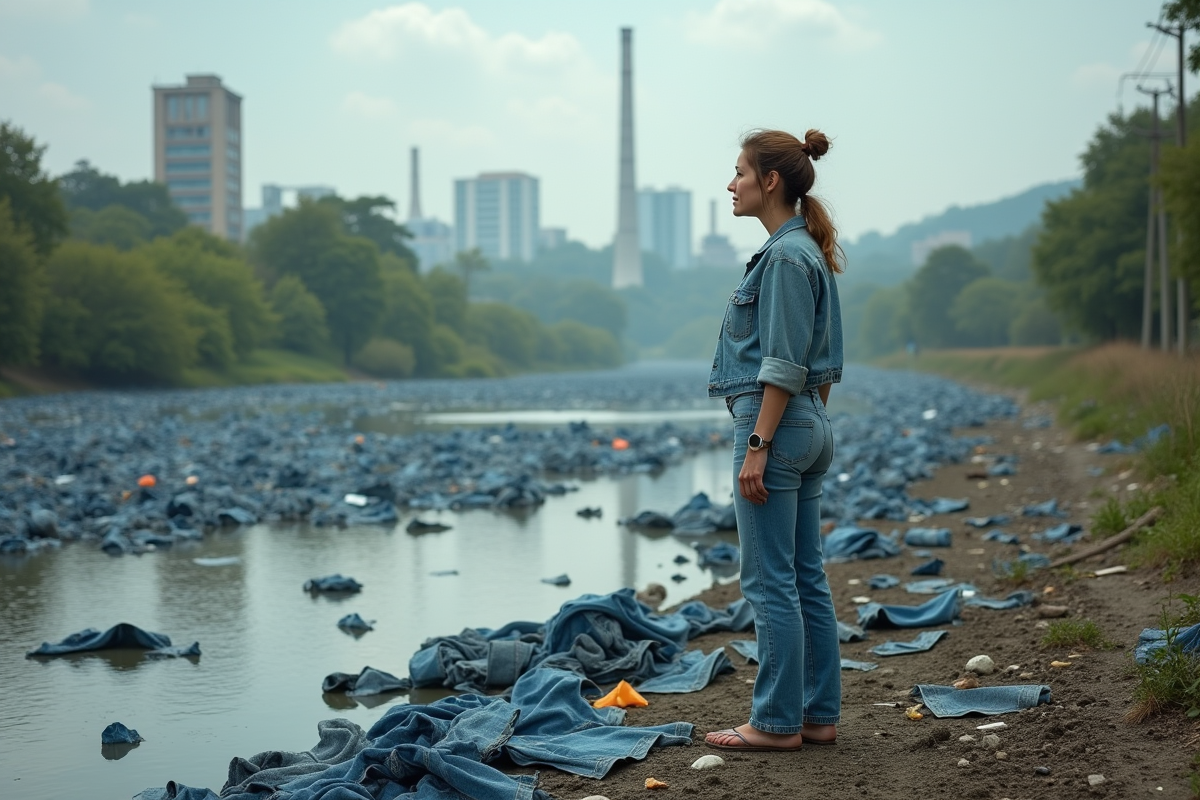 Femme contemplant déchet denim dans une rivière polluée