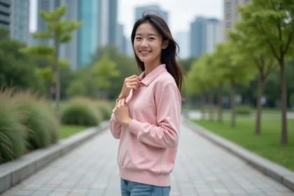 Femme en polo pastel dans un parc urbain moderne