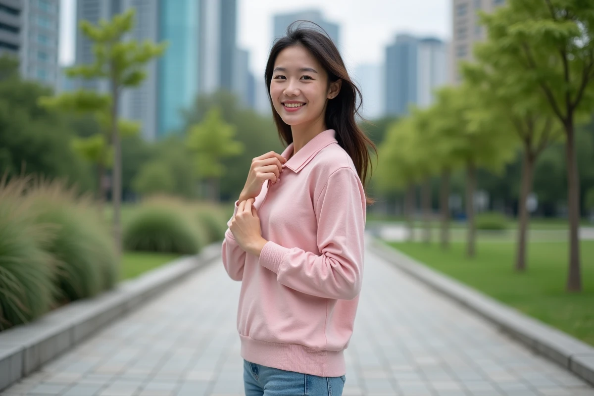 Femme en polo pastel dans un parc urbain moderne