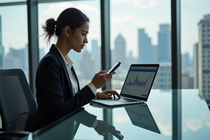 Jeune femme professionnelle analysant des graphiques financiers