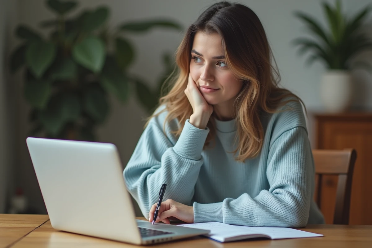 Jeune femme concentrée avec ordinateur et carnet
