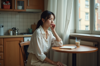 Femme assise à une table de cuisine dans un appartement urbain