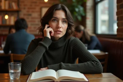 Femme en train de lire un roman avec une expression de surprise et de révélation dans un café, illustrant le concept de twist psychologique dans la narration
