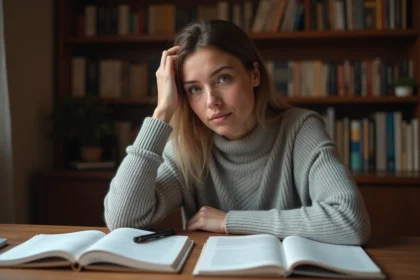 Femme concentrée révisant les règles grammaticales du français avec un carnet et des livres de grammaire ouverts sur un bureau en bois
