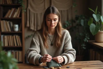 Femme tirant une rune dans un intérieur cosy