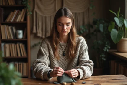 Femme tirant une rune dans un intérieur cosy
