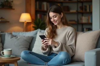Jeune femme concentrée sur son smartphone dans un salon cosy